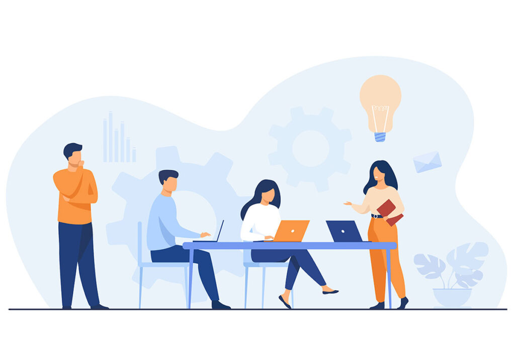 Ilustración de una reunión de trabajadores. MENTORAES ofrece 6 requisitos para el buen liderazgo