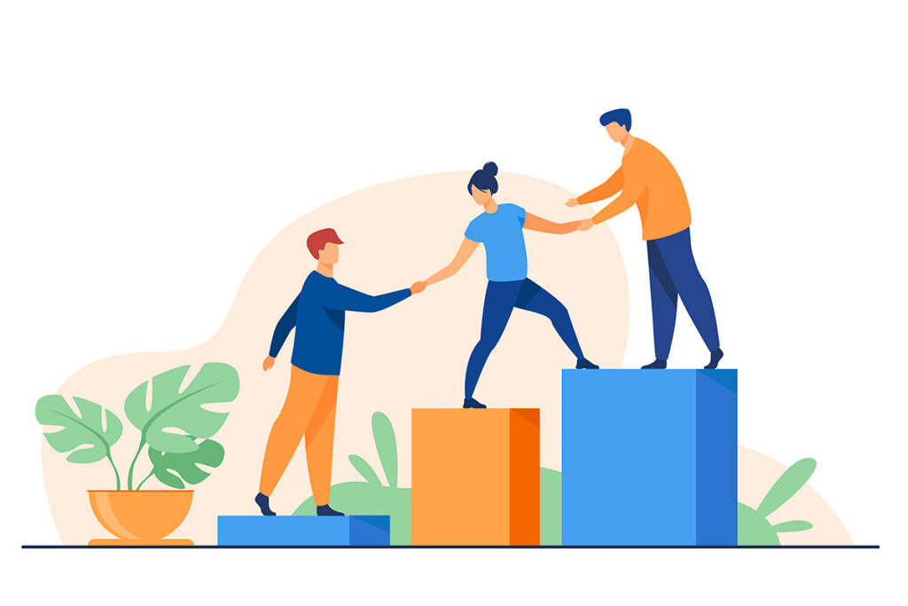 Trabajadores subiendo peldaños juntos. MENTORAES hace mentoring para mejorar el liderazago ejecutivo